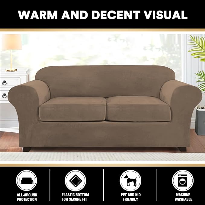 PrinceDeco Couch Cover Velvet Plush Sofa Covers for 2 Cushion Couch Width Up to 90 Inch Washable Furniture Protector Pet Friendly No Slip Sofa Slipcover(Medium-Large, Mocha)