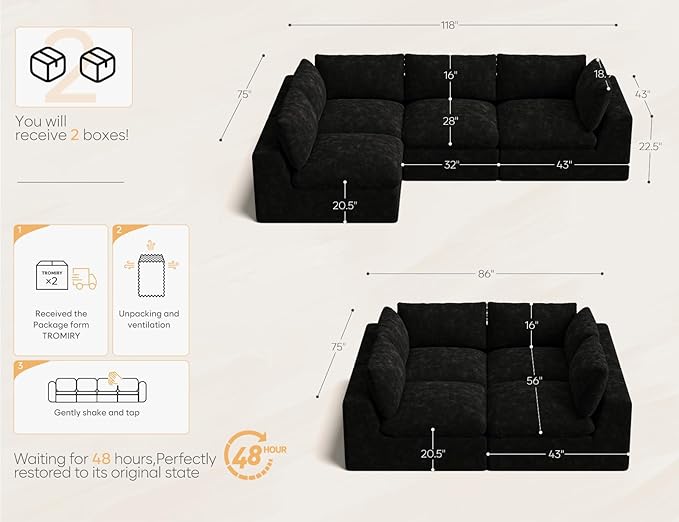120" Cloud Sectional Couch | Oversize Boneless Couches for Living Room | 4 Seater Modern L-Shape Sofa | Black