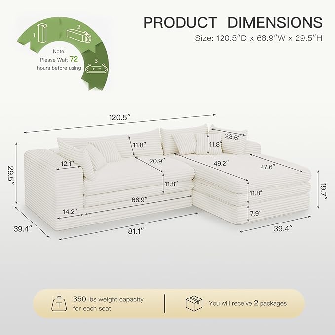 Belffin Boneless Cloud L Shaped Couch with Deep Seat Plush Corduroy Boneless Modular Cloud Sectional Couches for Living Room. Right Facing Chaise. Beige Sofa
