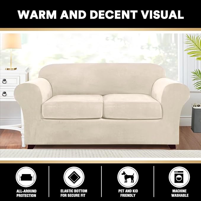 PrinceDeco Couch Cover Velvet Plush Sofa Covers for 2 Cushion Couch Width Up to 90 Inch Washable Furniture Protector Pet Friendly No Slip Sofa Slipcover(Medium-Large, Ivory)