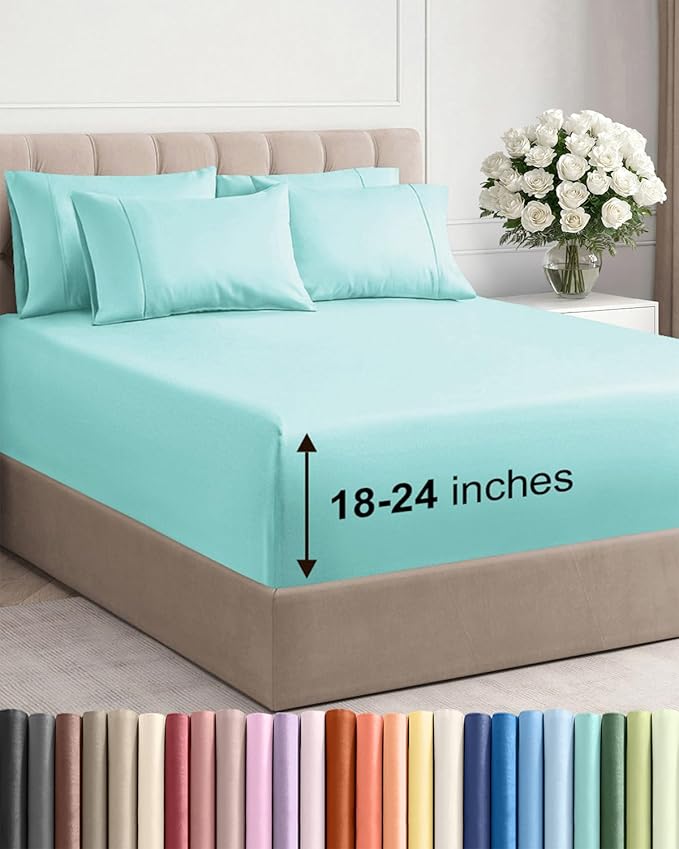 Extra Deep Cal King Sheet Set - 6 Piece Breathable and Cooling Sheets - Hotel Luxury Bedding for Women, Men, Kids & Teens - Easy & Secure Fit - Soft and Wrinkle Free - Extra Deep Pockets - Spa Blue