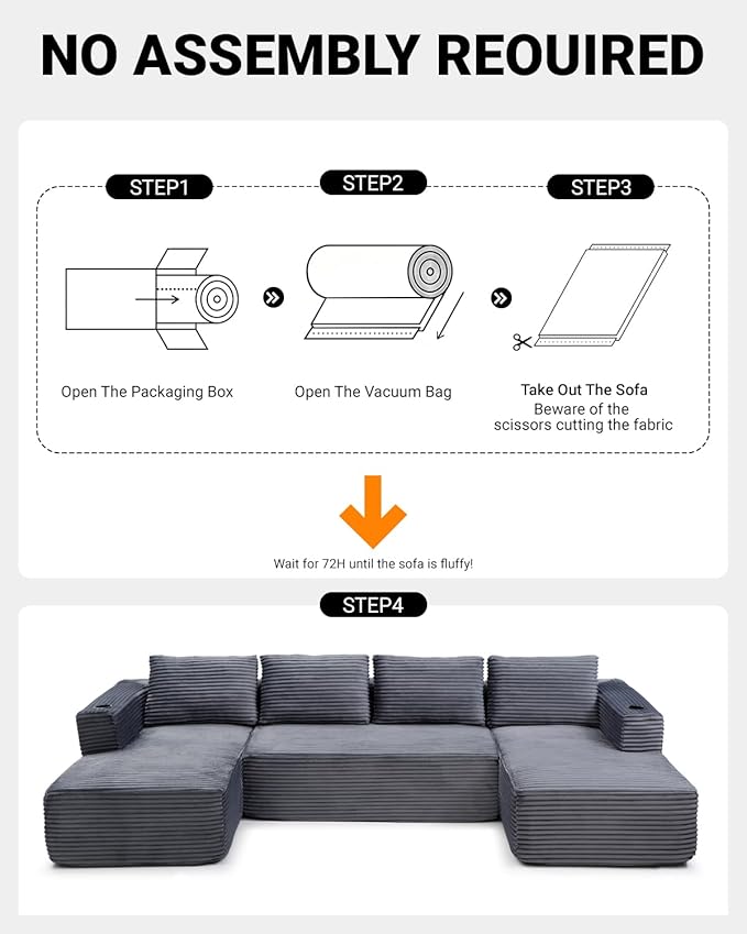 132 Inch Modular Sectional Sleeper Sofa, Boneless Cloud Couch for Living Room, U Shaped 5 Seat Sofa with 2 Cup Holders, Free Combination, No Assembly Required (Grey)