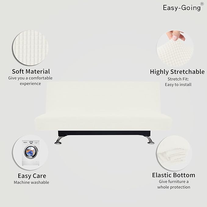 Easy-Going Stretch Futon Slipcover Armless Futon Bed Cover Furniture Protector Without Armrests with Elastic Bottom for Kids, Soft Jacquard Fabric Small Checks (Large, Cream)