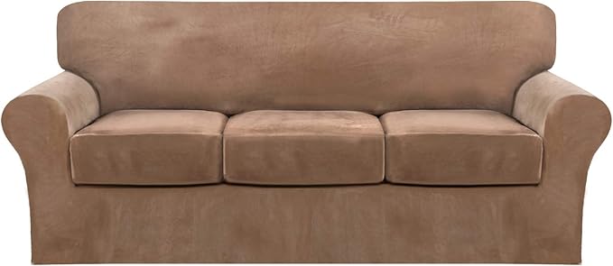 FantasDecor 4 Piece Sofa Velvet Couch Covers for 3 Cushion Stretch Slipcover with Individual Seat Cushion Elastic Furniture Protector for Pets, Machine Washable (Sofa, Luggage)