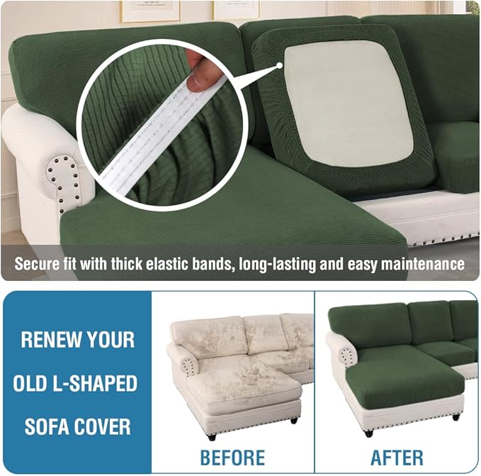 H.VERSAILTEX Sectional Couch Covers 8 Pieces Stretch Sofa Cover for Sectional Sofa Set Separate L Shaped Couch Cover for Both Left/Right Couch (Seat and Back: 1 Chaise + 3 Sofa, Bronze Green)
