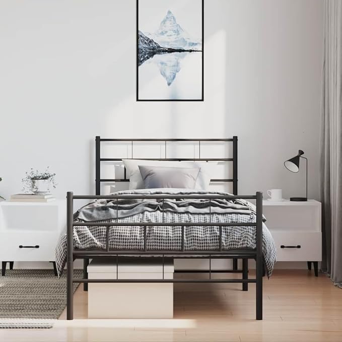 Single Metal Bed Frame Black Powder-Coated Steel Platform 77.2x41.1x35.4 in Modern Headboard Bedroom Furniture Easy Assembly for Teen Guest Room