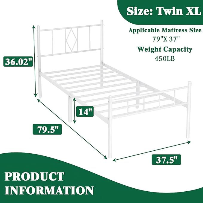 Decorwise 14 Inch Twin XL Size Bed Frames with Headboard/Footboard, Under Bed Storage, Strong Metal Slats Support, No Box Spring Needed, Noise Free, Easy Assembly, White