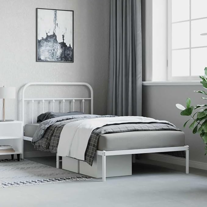 Bed Frame White Powder-Coated Steel Twin Bed Frame Rectangular headboard Bedroom Furniture for Living Room