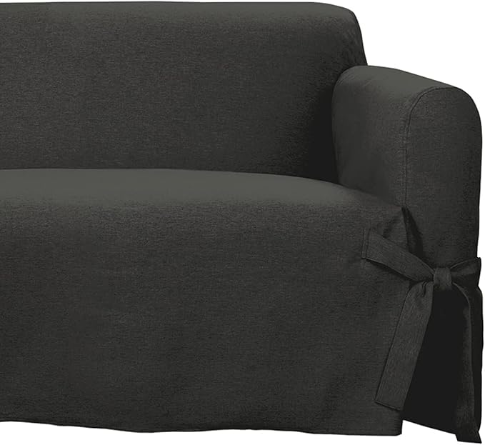 SureFit Farmhouse Basketweave Faux Linen Sofa Slipcovers, Couch Cover One Piece Design and Straight Skirt, Removable and Machine Washable Sofa Cover, Charcoal