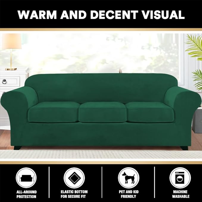PrinceDeco Velvet Couch Covers for Sofa Soft 4 Pieces Couch Covers for 3 Cushion Couch Sofa Pet Friendly Furniture Protector with Non Slip Elastic Bottom Width Up to 97 Inch (Large Sofas, Green)