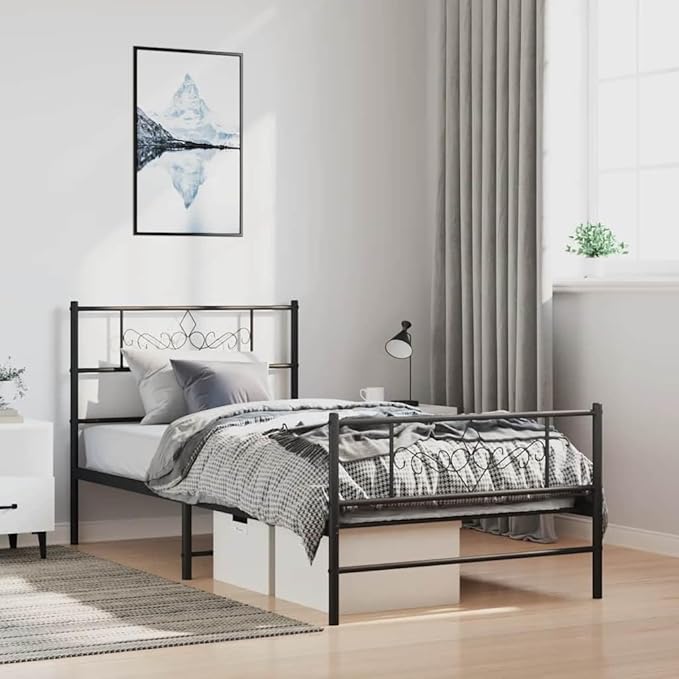 Modern Black Powder-Coated Steel Bed Frame, Single Platform for Mattress, No Box Spring Needed, 11.8 Inch Under-Bed Storage Space, Sturdy Bedroom Furniture