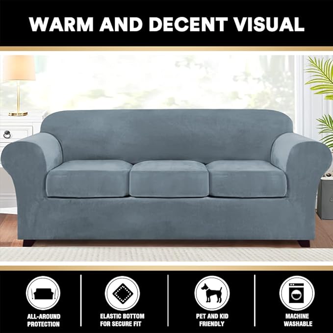 PrinceDeco Velvet Couch Covers for Sofa Soft 4 Pieces Couch Covers for 3 Cushion Couch Sofa Pet Friendly Furniture Protector with Non Slip Elastic Bottom Width Up to 90 Inch(Large, Stone Blue)