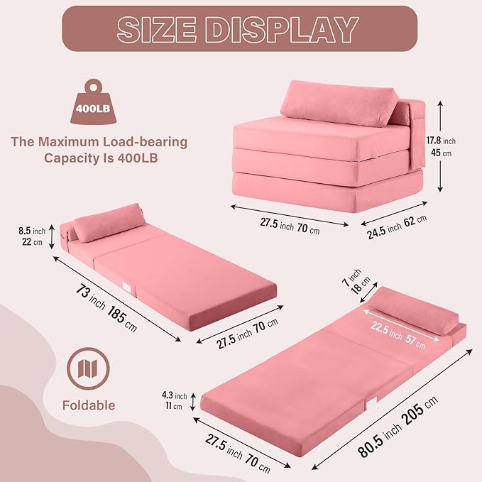Tiita Folding Sofa Bed Chair, 4-Fold Convertible Sleeper Chair with Lumbar Pillow, Washable Cover & Side Pocket, Floor Couch Bed with Raised Seat, Single Size for Small Spaces, Pink