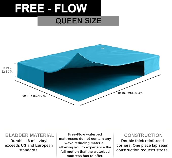 FREE-FLOW, Queen Size, Waterbed Hardside Mattress Bundle, Includes Fill & Drain Kit, 8oz. Water Conditioner and Stand-Up Liner, Heavy Duty Vinyl, 60"W x 84"L x 9"H, Frame NOT Included