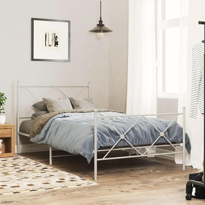 vidaXL Elegant White Steel Single Bed Frame with Headboard/Footboard - Under-Bed Storage - Metal Slats - 81.5"x41.3"x35.6"