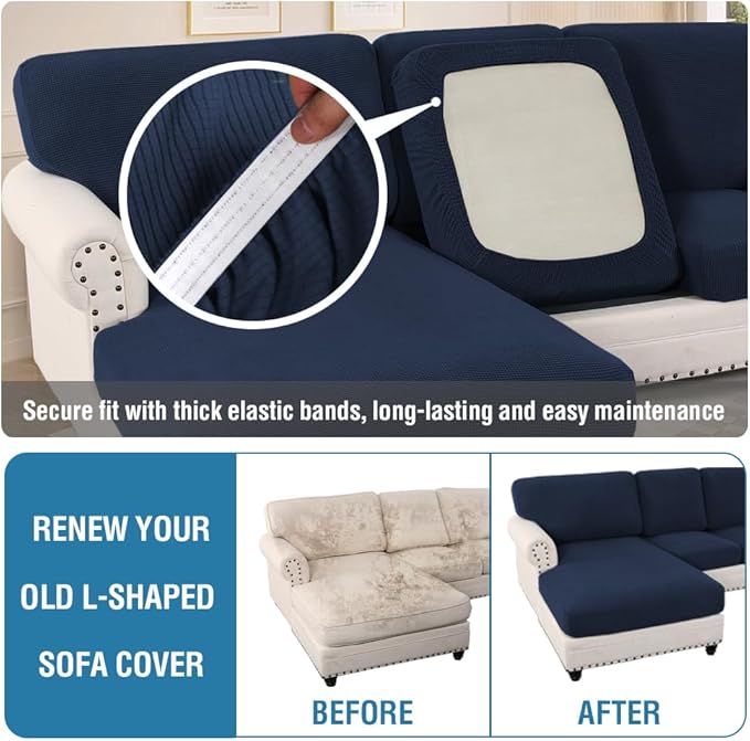 H.VERSAILTEX Sectional Couch Covers 6 Pieces Stretch Sofa Covers for Sectional Sofa Set Separate L Shaped Couch Cover for Both Left/Right Couch (Seat and Back: 1 Chaise + 2 Sofa, Navy)