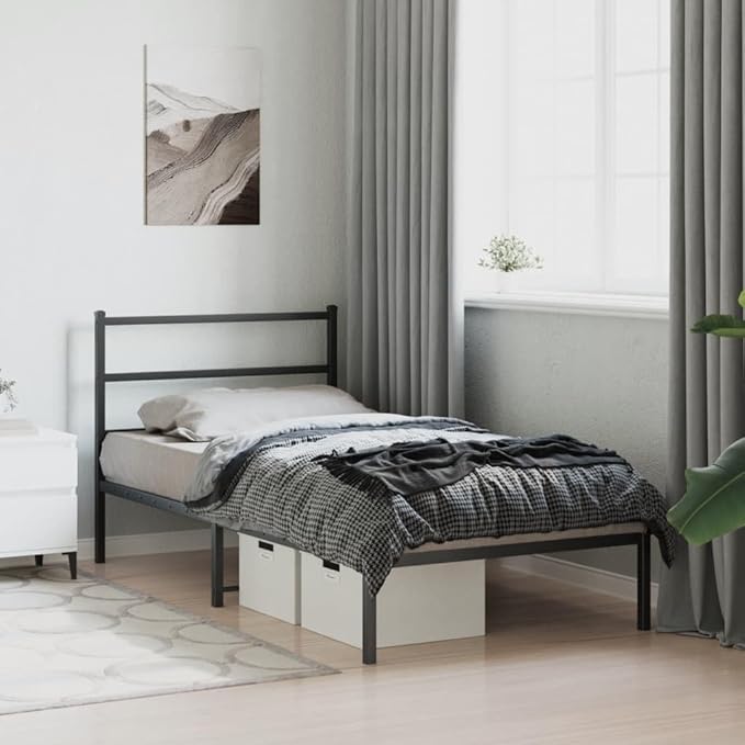Modern Black Powder-Coated Bed Frame with Headboard, Sturdy Steel Platform Bed with Ample Storage Space, Durable Mattress Support for Single Sleeper, Easy Assembly for Guest