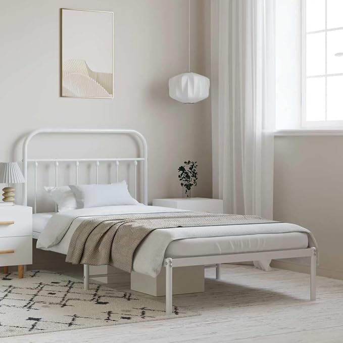 Bed Frame White Powder-Coated Steel Twin Bed Frame Rectangular headboard Bedroom Furniture for Bedroom