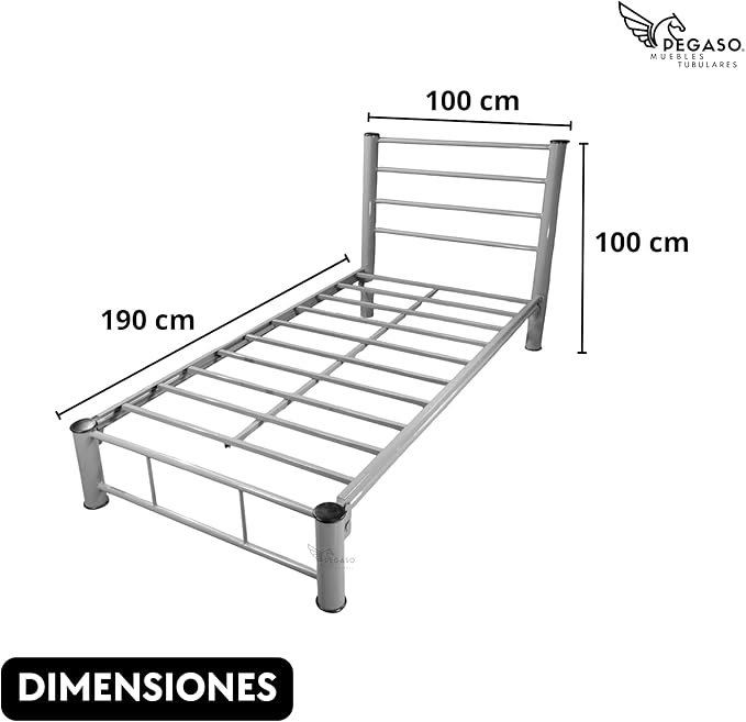 PEGASO Single Bed, Metal Frame, 190 x 100 x 100 cm, Grey, Durable