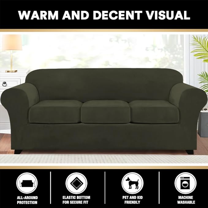 PrinceDeco Velvet Couch Covers for Sofa Soft 4 Pieces Couch Covers for 3 Cushion Couch Sofa Pet Friendly Furniture Protector with Non Slip Elastic Bottom Width Up to 97 Inch (Large Sofas, Olive)