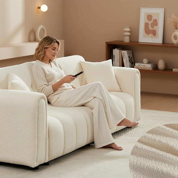 91.5" W Cloud Boucle Sofa for Living Room, Modern Comfy Boucle Couch with Rolled Arms and Soft Pillows, Teddy Oversized Loveseat for Apartment, Studio, Bedroom, Cream White