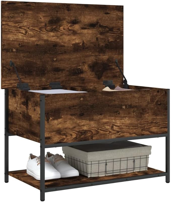 Industrial Storage Bench with Adjustable Feet, Smoked Oak Finish for Hallway Living Room Seating and Organization