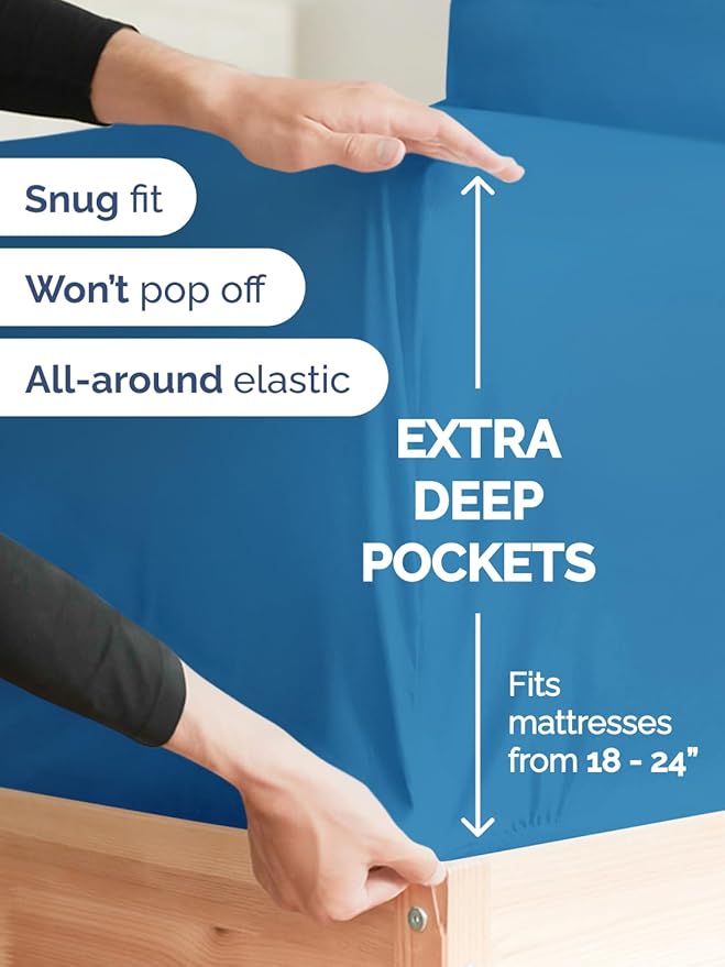 Extra Deep Full Sheet Set - 6 Piece Breathable and Cooling Sheets - Hotel Luxury Bedding for Women, Men, Kids & Teens - Easy & Secure Fit - Soft, Wrinkle Free & Comfy - Extra Deep Pockets - Denim Blue