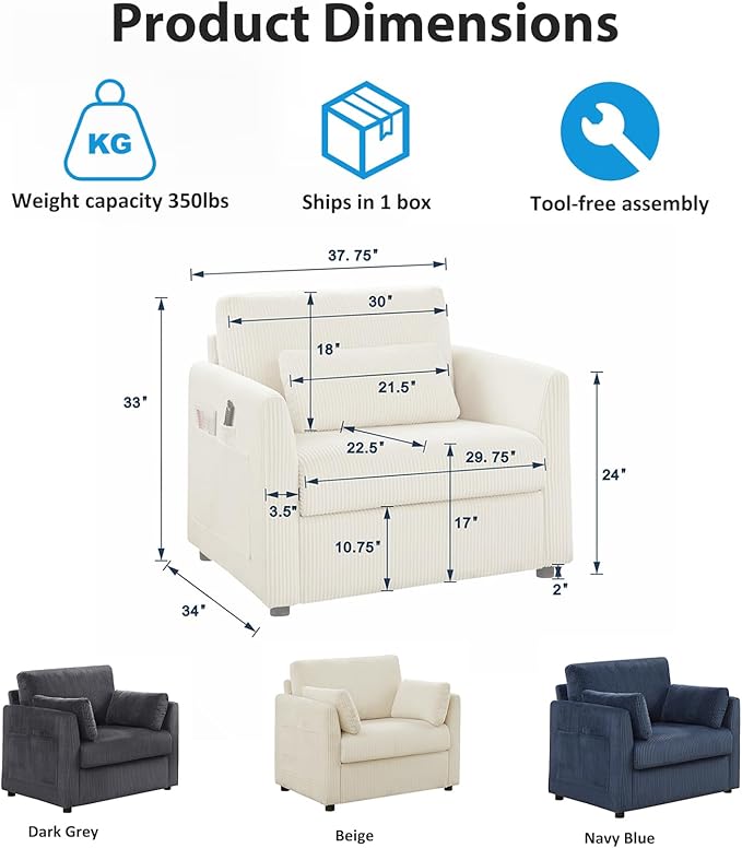Living Room Sofa Set, Corduroy 3-Seat Couch with Set of 2 Accent Side Chairs, Soft Pillows and Side Pockets, Modern Living Room Furniture Sets for Apartment, Small Spaces, Beige
