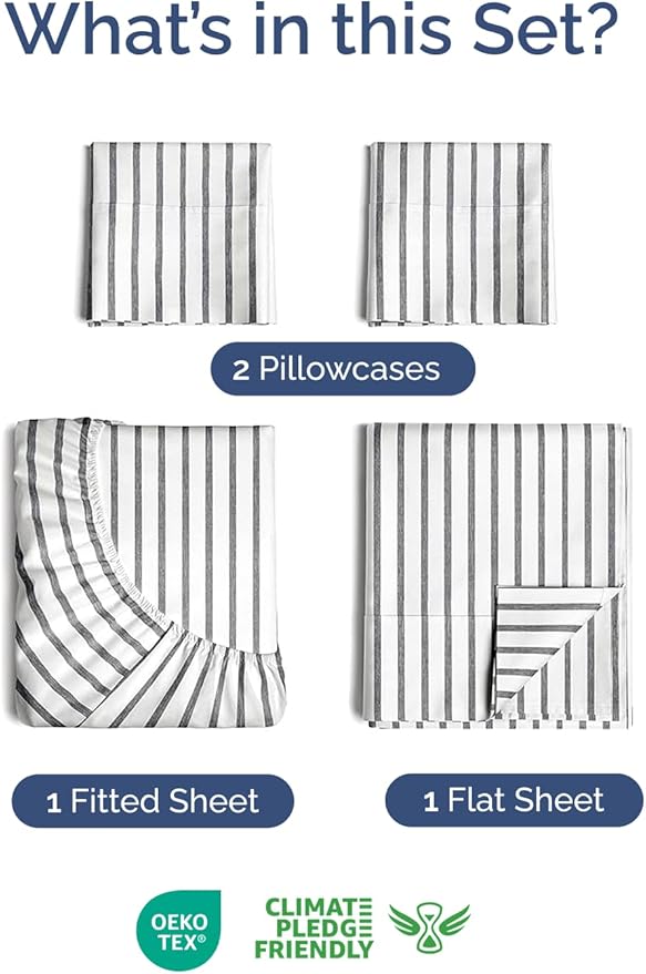 Extra Deep Twin Sheet Set - 4 Piece Breathable and Cooling Sheets - Hotel Luxury Bedding for Women, Men, Kids & Teens - Easy & Secure Fit - Soft and Wrinkle Free - Extra Deep Pockets - Grey Stripes