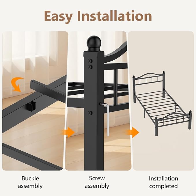 Metal Twin Bed Frames, 1500lb No Squeak Metal Platform with Headboard, 12" Underbed Storage, Tool-Free 30-Min Assembly No Box Spring Needed for Dorms/Apartments