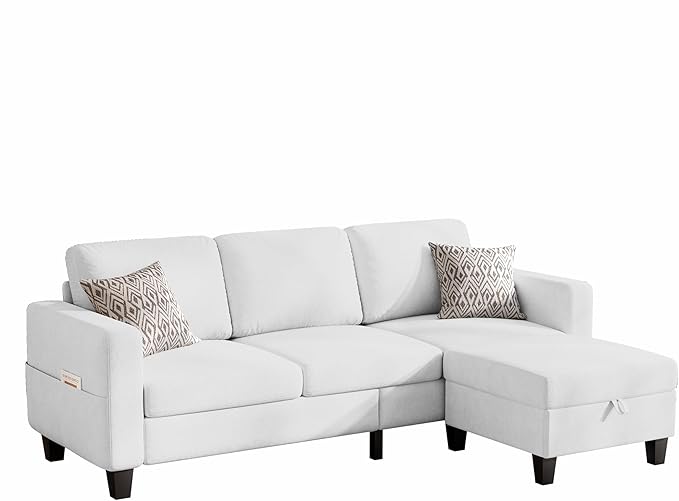 Sectional Sofa and Couches for Living Room, 78'' White 3 Seat L-Shaped Couch with Movable Ottoman, Comfy Velvet Convertible Sectionals Sofas with Chaise for Apartment, Dorm, Small Space