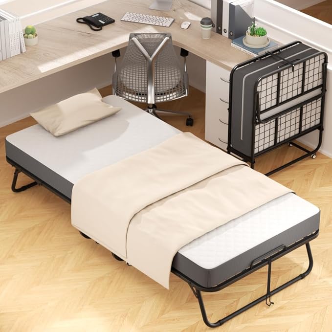 Foldable Single Bed for Adults – 75” x 31” Portable Rollaway Cot with 5" Memory Foam Mattress, Sturdy Metal Frame & Wheels – Space-Saving Guest Bed