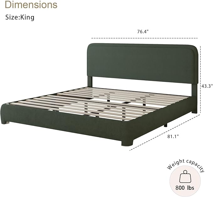 BarnFurin King Size Boucle Bed Frame and Headboard, Cloud Upholstered Platform Bed Frame, Soft Rounded Corners, No Box Spring Required, Non-Slip and Noise-Free, Easy Assembly, Green