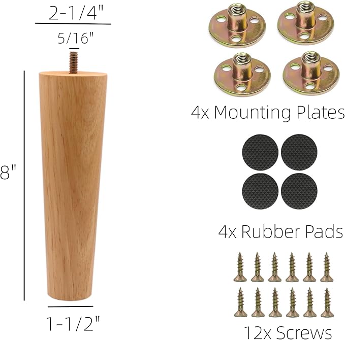 WEICHUAN Round Wooden Replacement Furniture Chair Ottoman Loveseat Coffee Table Cabinet Sofa Couch Legs 8 inch Heavy Duty (8" Straight Set of 4)