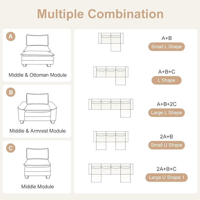 Karl home Chenille Modular Sectional Sofa 3 Seats with 1 Ottomans Sofa Couch L-Shaped Design, Comfy Upholstered Furniture for Living Room, Apartment, Studio, Office, Light Brown