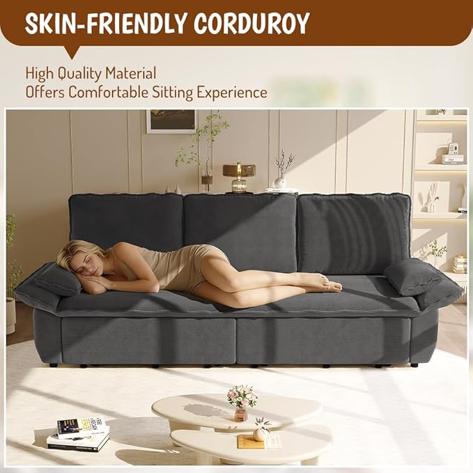 KEIKI 94.5" King 3-in-1 Sleeper Sofa, Oversized Pull-Out Couch with Cloud Comfort & Reclining Back, Corduroy Convertible Loveseat for Office, RV & Guest-Ready Spaces