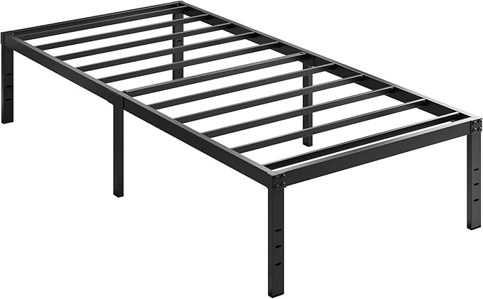 EMODA 18 Inch Twin Bed Frames with White Cover Skirt, Heavy Duty Metal Twin Platform Bed Frame No Box Spring Needed, Noise Free, Easy Assembly