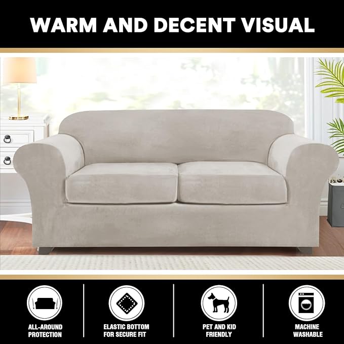 PrinceDeco Couch Cover Velvet Plush Sofa Covers for 2 Cushion Couch Width Up to 90 Inch Washable Furniture Protector Pet Friendly No Slip Sofa Slipcover(Medium-Large, Oatmeal)