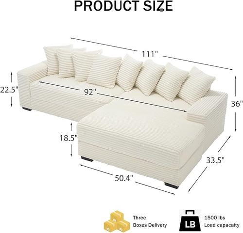111 Inch Corduroy Sectional Couches for Living Room | L-Shaped Sectional Couch with 8 Pillows | Cloud Couch with Deep Seat | Solid Wood Frame Sofa Beige (Right Facing Chaise)