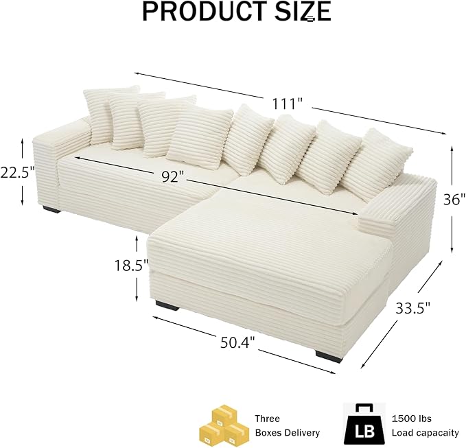 111 Inch Cloud Sectional Couches for Living Room | L-Shaped Sectional Couch with 8 Pillows | Corduroy Couch with Deep Seat | Solid Wood Frame Sofa Beige (Right Facing Chaise)