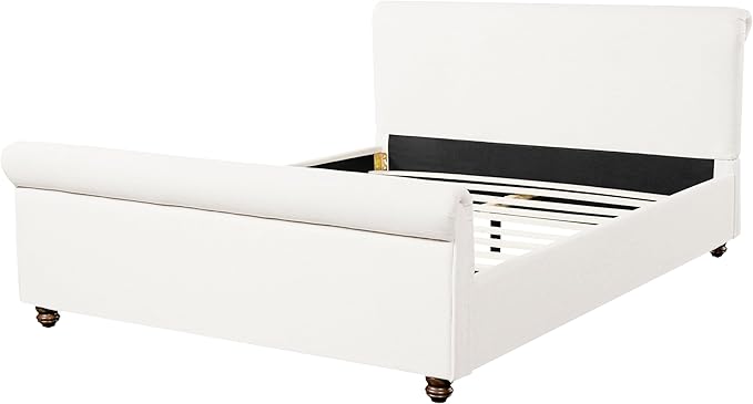 Christopher Knight Home Chenzi Linen Upholstered Queen Bed Frame with Headboard and Footboard, Wooden Platform Queen Size Bed Frame and Double-Layer Oval Legs, No Box Spring Needed, White