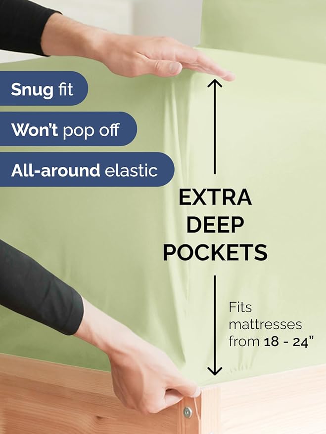 Extra Deep Queen Sheet Set - 6 Piece Breathable and Cooling Sheets - Hotel Luxury Bedding for Women, Men, Kids & Teens - Easy Secure Fit - Soft, Wrinkle Free & Comfy - Extra Deep Pockets - Light Sage
