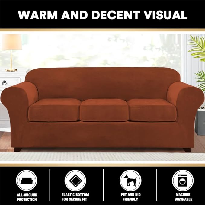 PrinceDeco Velvet Couch Covers for Sofa Soft 4 Pieces Couch Covers for 3 Cushion Couch Sofa Pet Friendly Furniture Protector with Non Slip Elastic Bottom Width Up to 90 Inch (Large, Rust)
