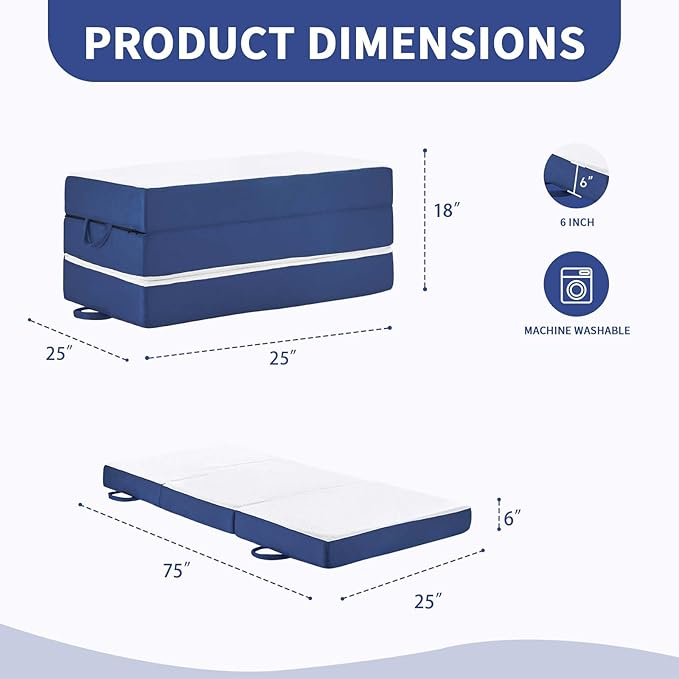 CYMULA Folding Mattress Single Size,6 inch Memory Foam Tri Portable Trifold Mattress Topper Single with Breathable & Washable Cover, Foldable Guest Bed for Camping(25"×75"×6")