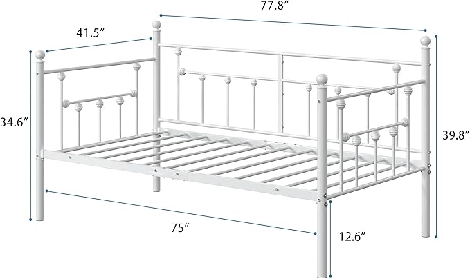 VECELO Daybed Frame, Twin Size Metal Platform Bed with Headboard,Heavy Duty Steel Slats Support for Living Room Bedroom Guest Room, Easy Assembly