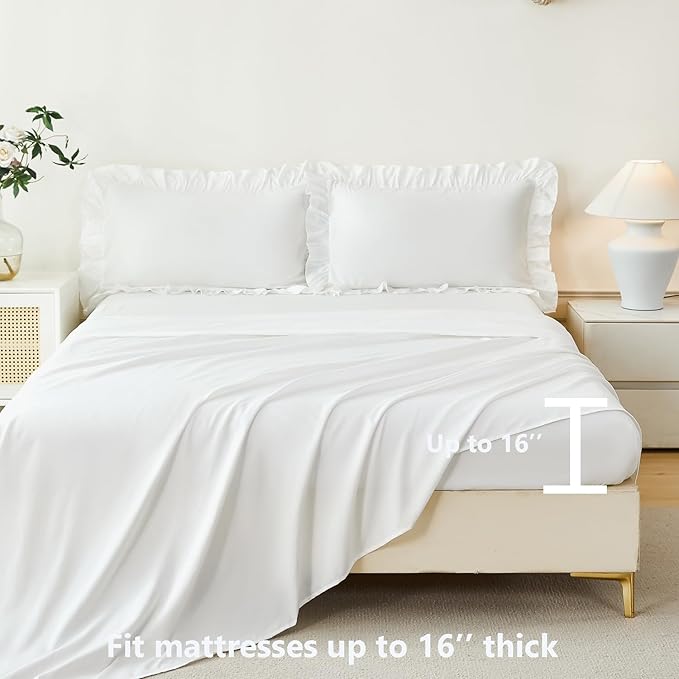ANGIYUIN White Full Ruffle Comforter Set 5Pcs Double-Layer Ruffled Bed in A Bag with Sheets Lightweight Farmhouse Bedding Sets Solid Fluffy Shabby Chic Bed Sets for Girls Teens Women(White Full)