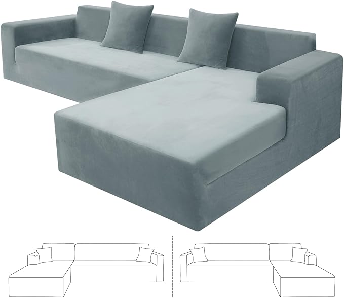 ZNSAYOTX 2026 Soft Velvet Sectional Couch Covers, Luxury Plush Slipcovers with Elastic Bottom for L Shape Sectional Sofa, 2 Pcs Pet Friendly Protector (3 Seat Couch + 2 Seat Chaise, Light Grey)