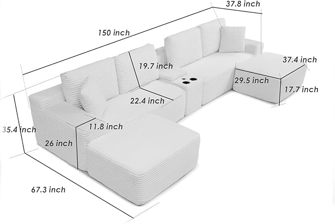 150" Oversized Modular Sectional Sofa,Deep Seat Cloud Corduroy Boneless Couch with Cup Holders,USB Ports, Wireless Charging & Storage Box,Upholstered Modular Sleeper Sofa for Living Room (Beige)