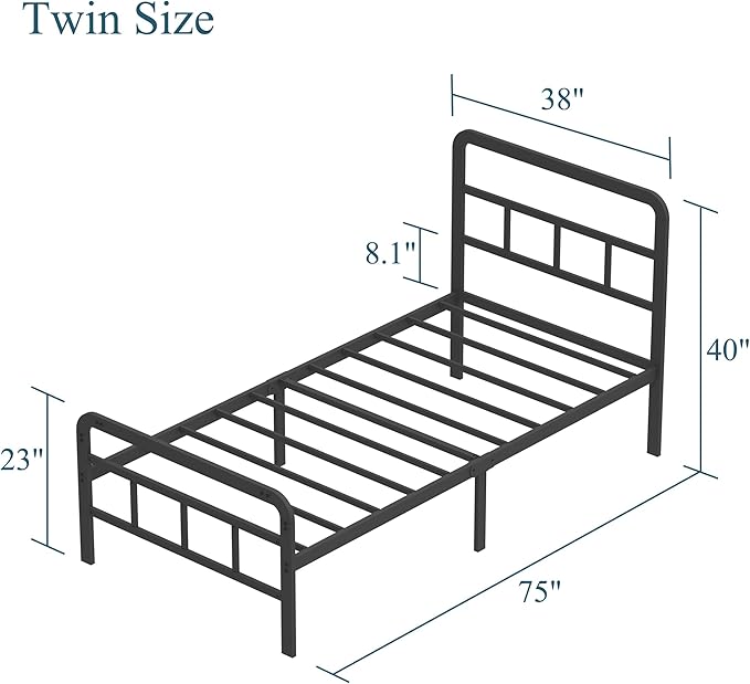 Richwanone 14 inch Twin Bed Frame with Headboard and Footboard, Metal Bed Frame with Steel Slat Support, No Box Spring Needed, Easy Assembly, Black