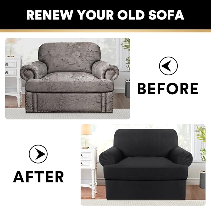 PrinceDeco 2 Pieces Armchair Slipcover Stretch Couch Covers for T Cushion Chair Slipcovers Soft Arm Chiar Cover Furniture Covers with 1 Individual T Shape Seat Covers Width Up to 40"- Black